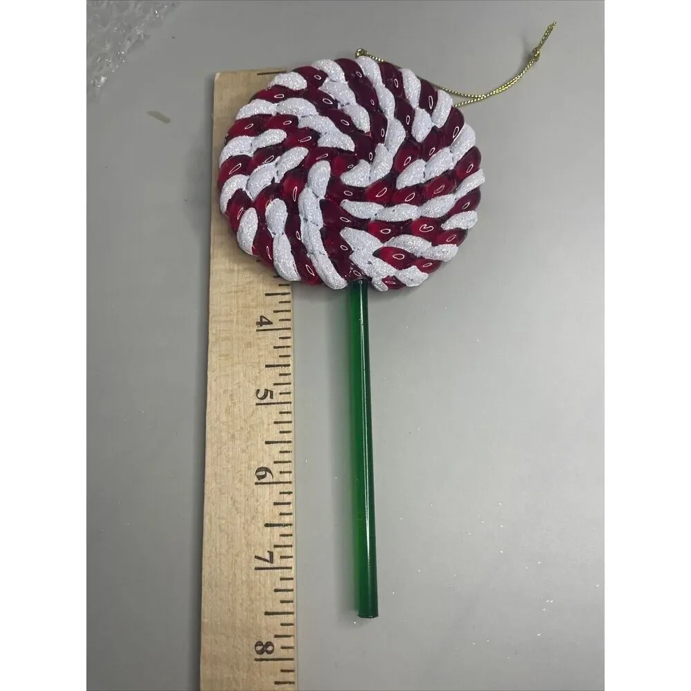 Hand Blown Glass Candy Cane‎ Peppermint Lollipop Christmas Ornament Red 7.5